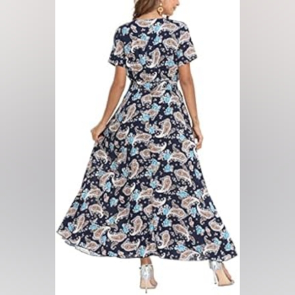 Blue Paisley Print BOHO Cottagecore Maxi Dress Tassle Tie - Picture 2 of 9